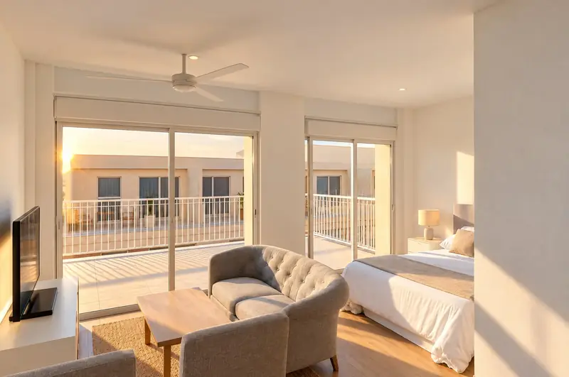 Salón con sofá y cama en un mismo espacio, con puertas correderas a una terraza, al atardecer