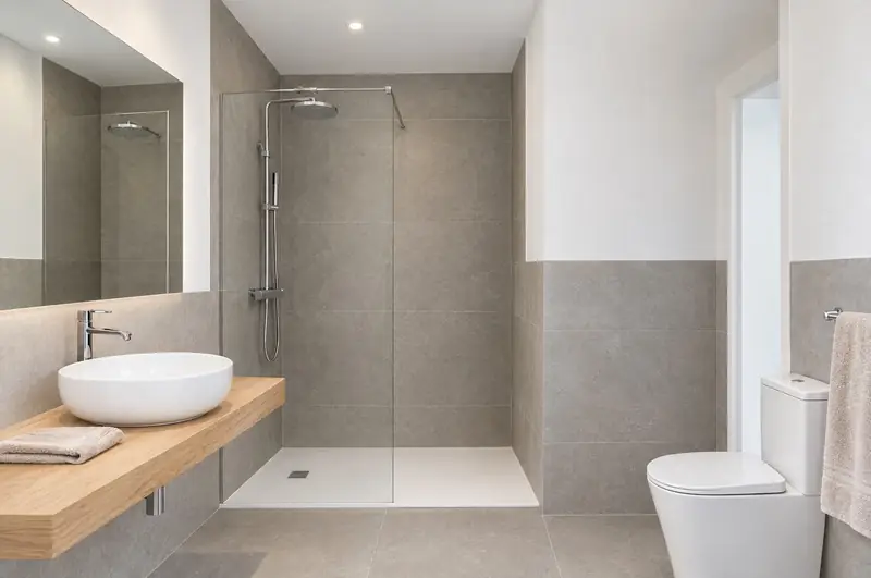 Baño con ducha y lavabo sobre encimera de madera