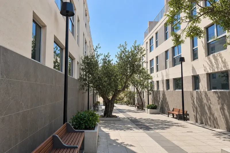 La calle peatonal entre los dos bloques, con árboles y bancos