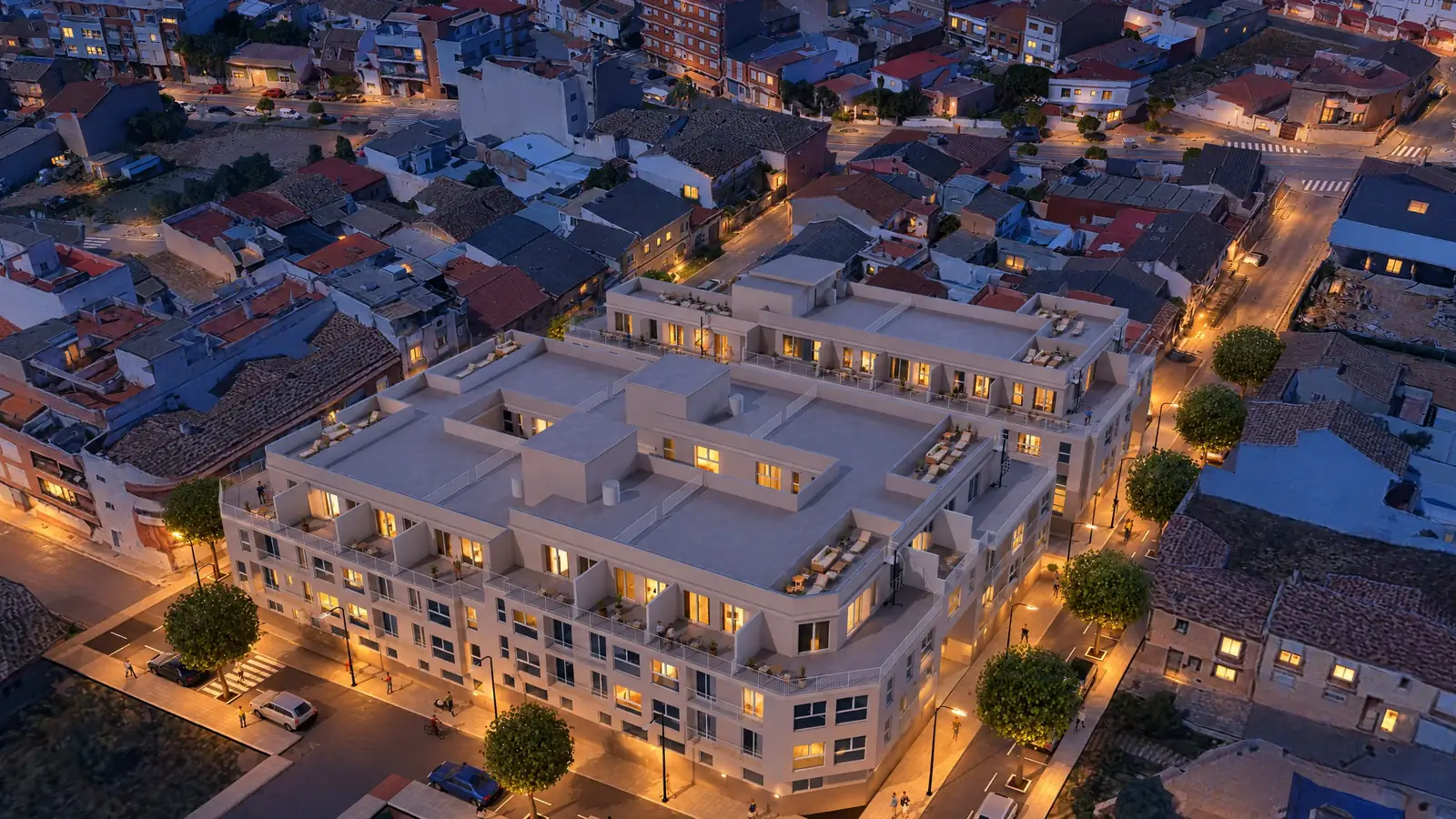 Porta Sud al anochecer, desde el aire: el edificio con las ventanas encendidas (imagen orientativa)