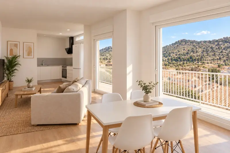 Salón con comedor y cocina abierta, con una puerta grande a la terraza y la sierra al fondo