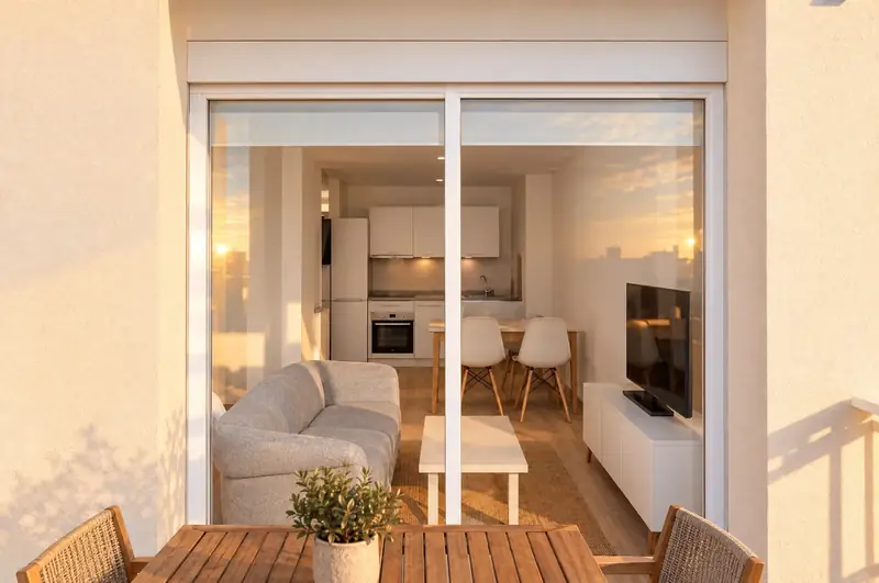 Terraza con mesa de madera delante de una puerta corredera abierta al salón y la cocina, al atardecer