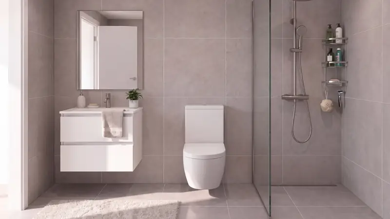 Baño con ducha y mampara, inodoro y mueble de lavabo: recreación orientativa