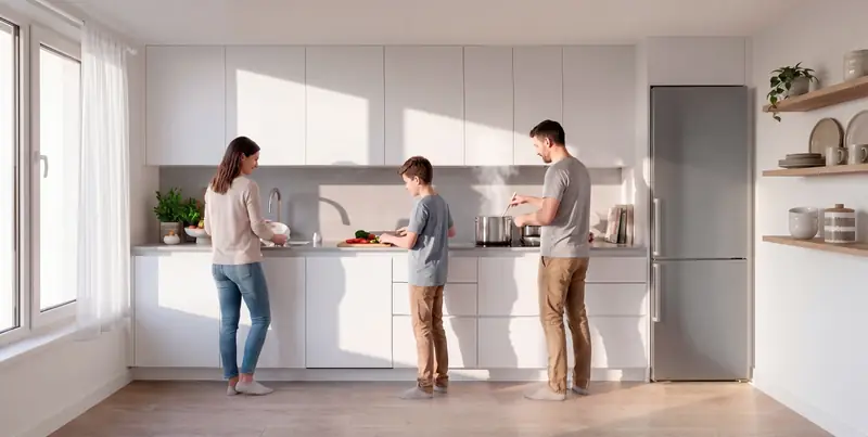 Cocina blanca en línea junto a una ventana, con una familia cocinando: recreación orientativa