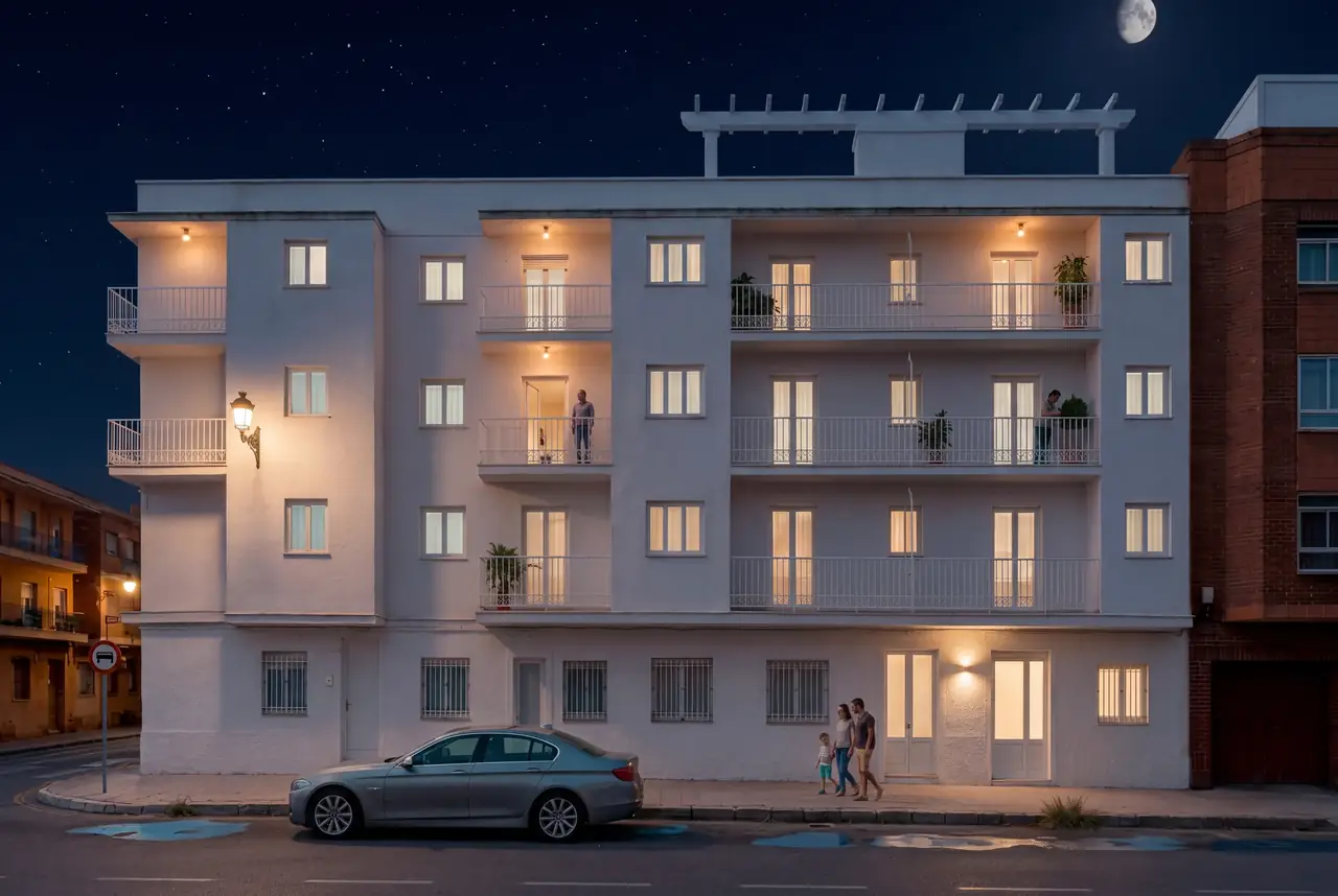 La fachada a C/ Constitución de noche, con las ventanas encendidas y una familia llegando a casa: recreación orientativa